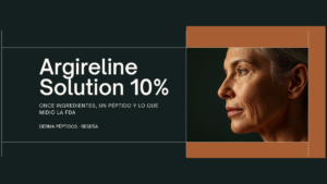 Portada del análisis del Argireline Solution 10%: retrato de perfil de una mujer con la piel sin retocar, sobre fondo verde tinta con un panel cobre