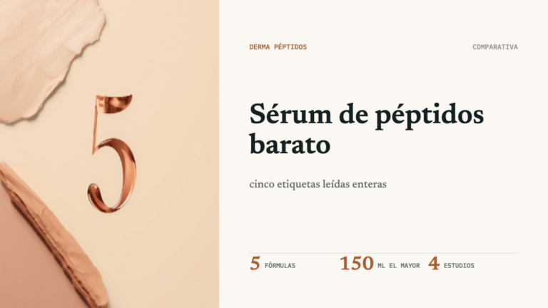 Portada de la comparativa de cinco sérums de péptidos baratos, con un numeral cinco en cobre sobre textura de arcilla
